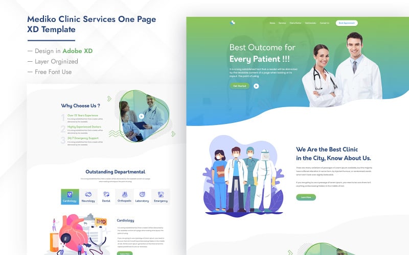 Plantilla HTML de una página de servicios clínicos de Mediko