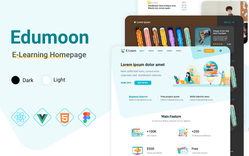 Edumoon - HTML React Vue Figma Hemsidamall för utbildning och e-lärande