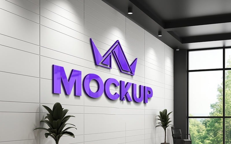 3d紫色标志模型与公司墙