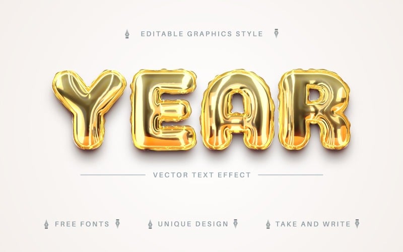 金色气球-可编辑文本效果，字体风格，图形插图