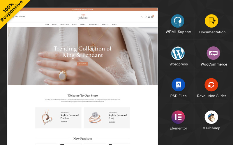 Jewelo - Smycken och mode Responsive WooCommerce Elementor Store