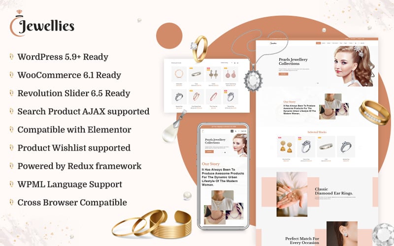 Jewellies - Online-Schmuck-Shopping Elementor Woocommerce-Theme mit AI Content Generator