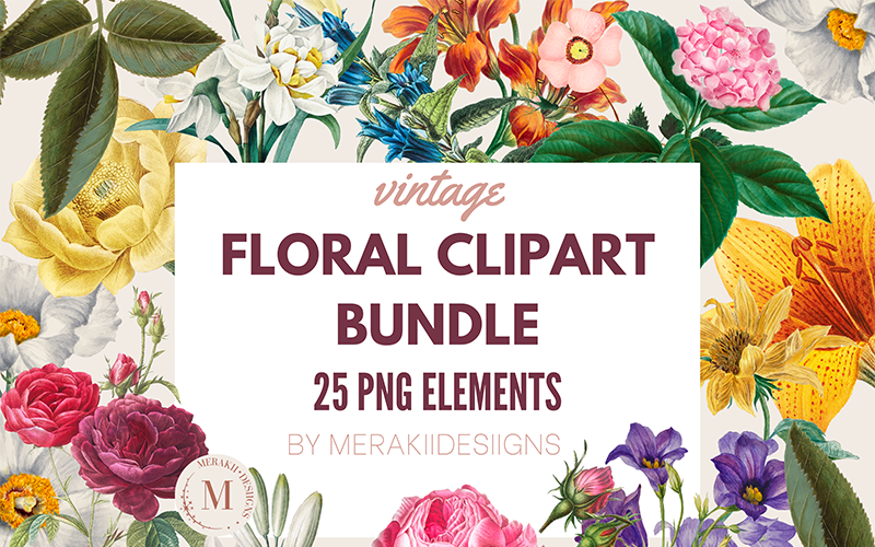 25 Vintage Floral Clipart Bundle | PNG Graphics | Transparent Background | Roses | Flowers