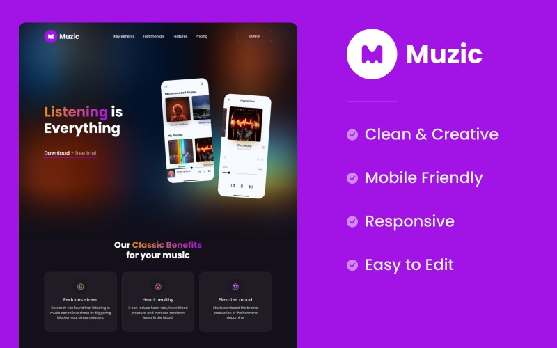 Muzic - HTML-mall för målsida för musikapp