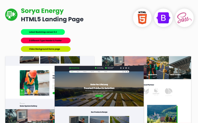 Sorya Energy – цільова сторінка сонячної енергії HTML5