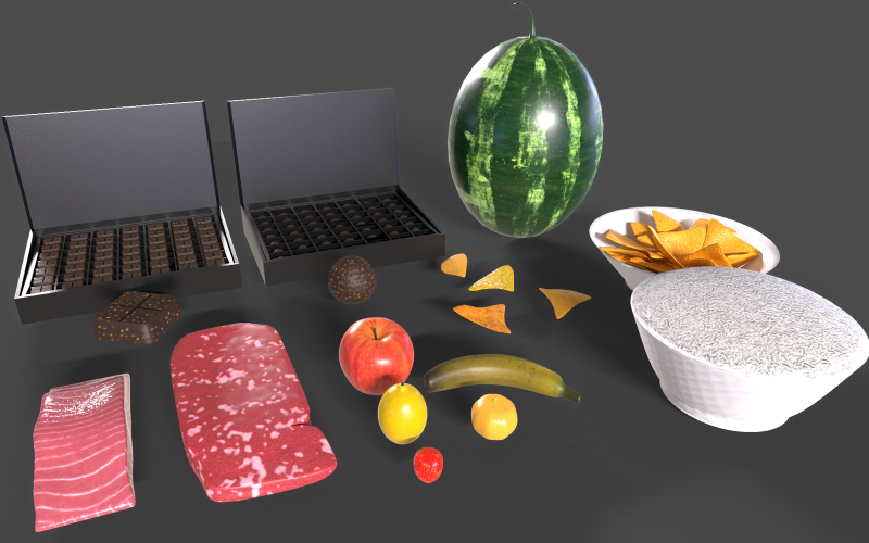 Növényi élelmiszerek, húsok és egyebek kollekciója Low-poly 3D-s modell