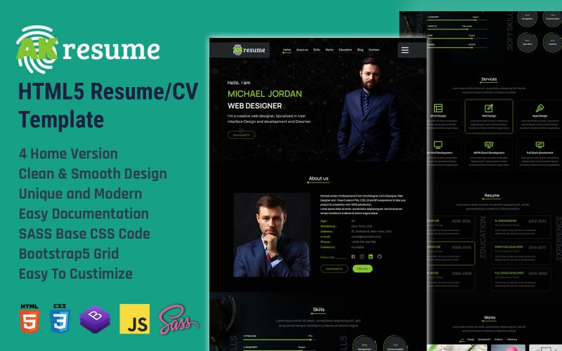 AKresume - Modelo de CV Pessoal/Resume HTML5 Bootstrap 5