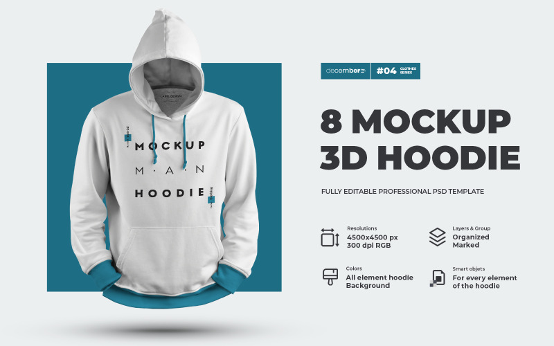 8 3D Männer Mockups Hoodie mit Tasche