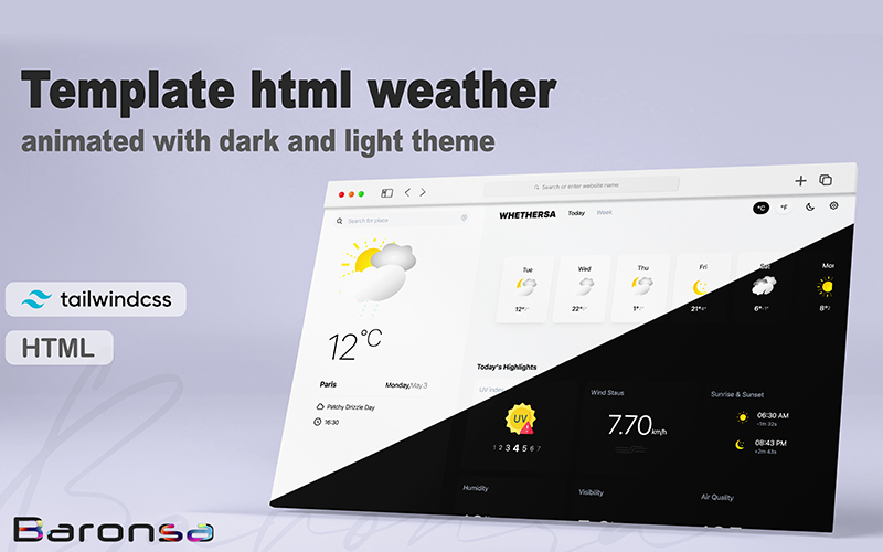 Weathersa Responsive React Weather-sjabloon met donkere en lichte thema's