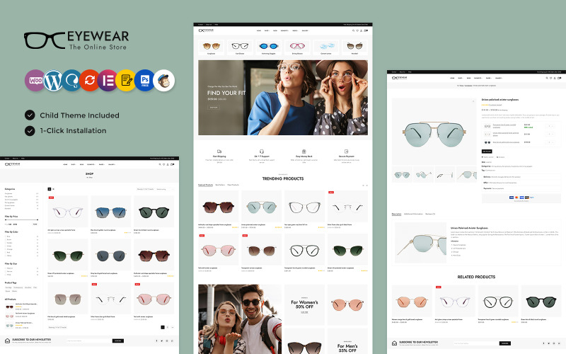 眼镜-眼镜, óculos de proteção e óculos de sol Multiuso WooCommerce Elementor Theme