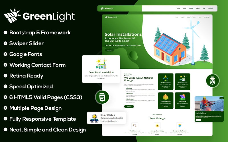 Šablona webových stránek GreenLight a Eco Solar & Wind Energy Html5