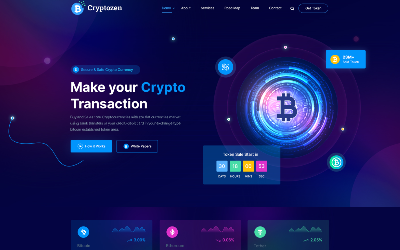 Cryptozen Криптовалюта ICO и Биткойн PSD Шаблон