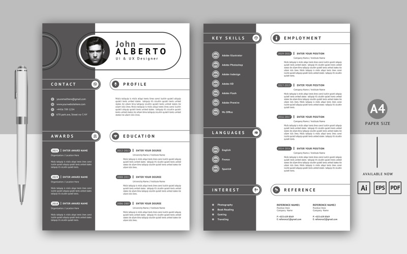 Zweiseitiges CV-Layout in schwarzer Farbe. Druckbare Lebenslaufvorlage