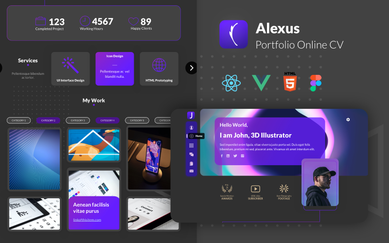 Alexus - Portfólio Online CV HTML React Vue e Modelo Figma