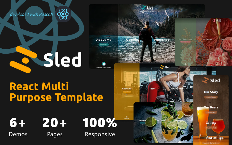 Modello di sito Web Sled React per PH, fiorista, Halloween, palestra, ristorante e modello multiuso