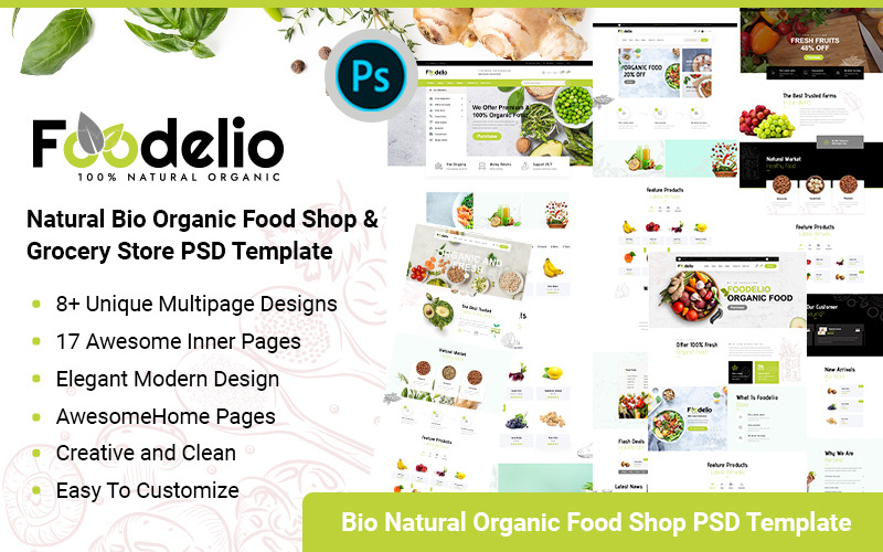 Foodelio – Natural Bio Organic Food Shop Grocery Store PSD Template