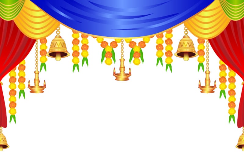 装饰窗帘，花，铃铛和灯矢量插图