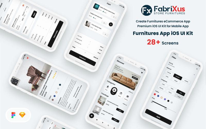 FabriXus - Комплект інтерфейсу інтерфейсу мобільного додатка для електронної комерції меблів