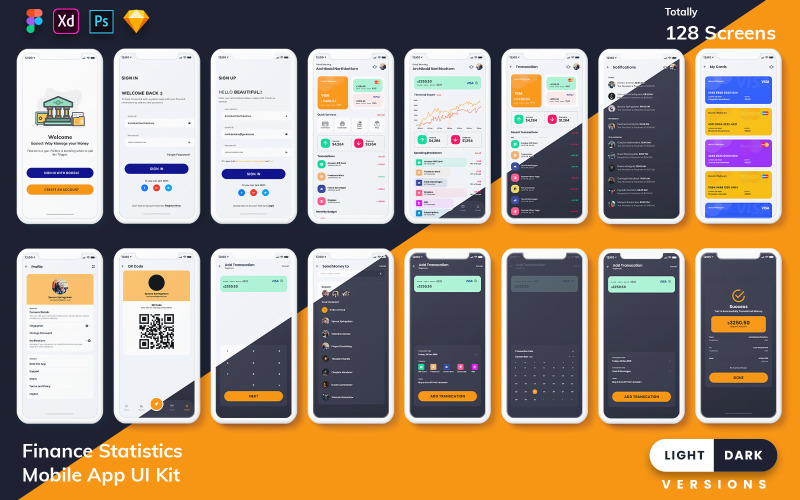 UI-kit voor financiële mobiele app-sjabloon (licht en donker)