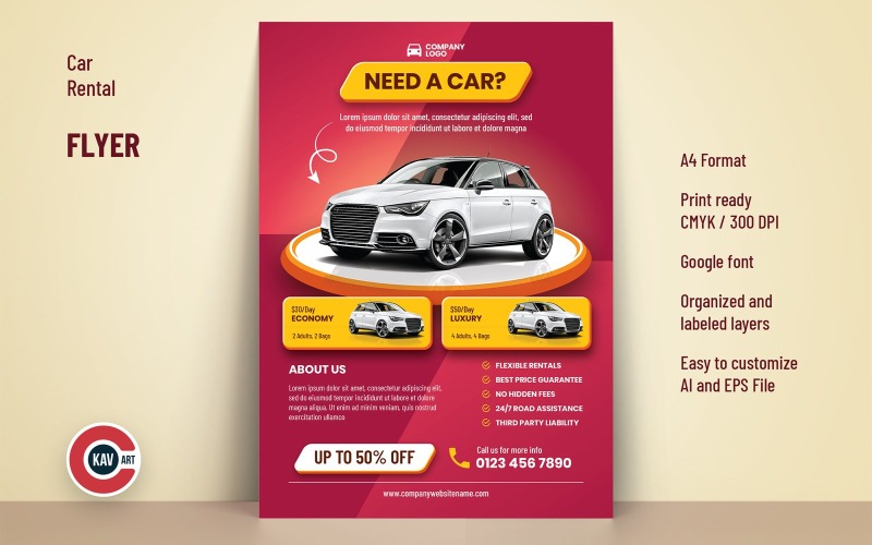 Шаблон дизайну листівки формату A4 з прокату автомобілів