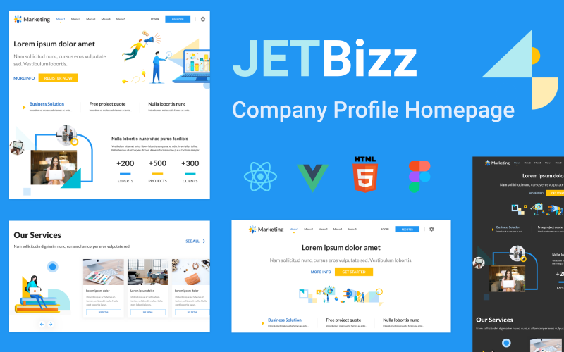 JetBizz - React Vue HTML e modelo de página de destino de marketing Figma