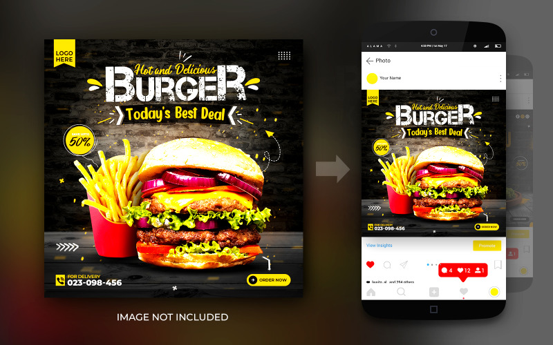 社交媒体食物辣汉堡推广帖子和Instagram横幅帖子设计模板