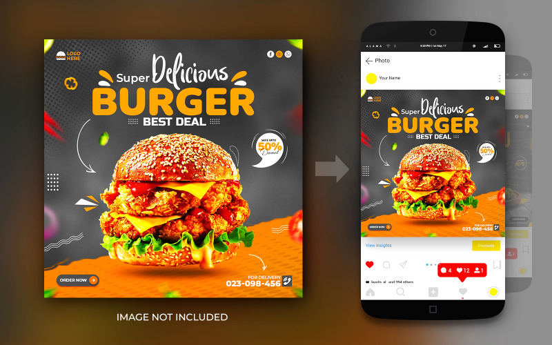 社交媒体鸡奶酪汉堡食品推广帖子和Instagram横幅帖子设计模板