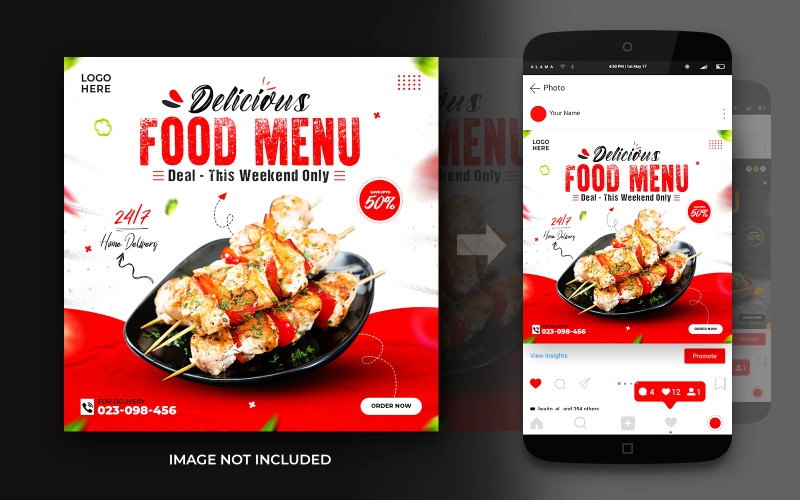 在社交媒体和Instagram模板上推广美食菜单上的食物