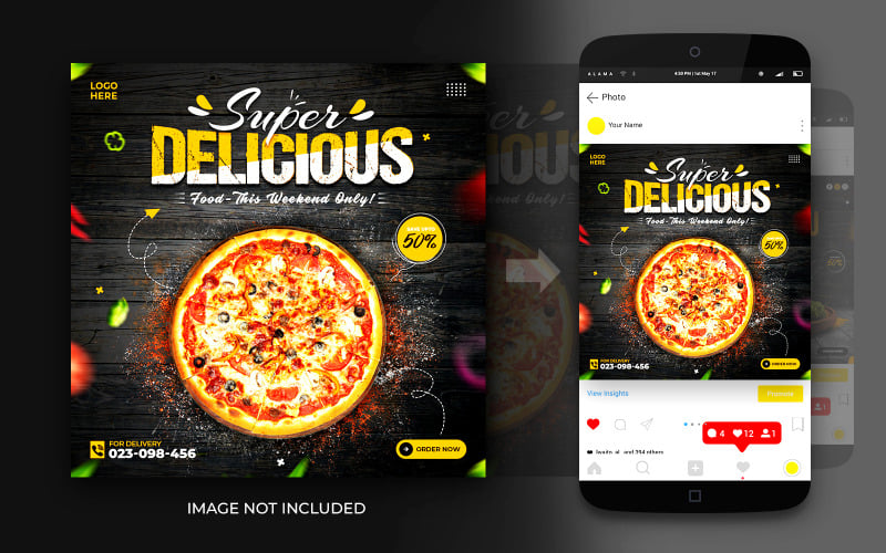 社交媒体超级美味披萨食品推广帖子和Instagram横幅帖子设计模板