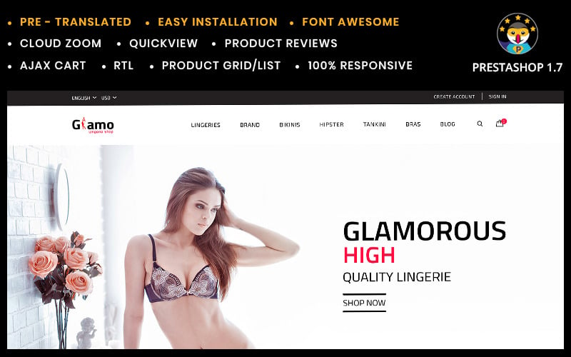 Modèle de boutique Prestashop Glamo Lingerie