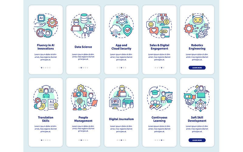 Conjunto de telas de aplicativos móveis de integração de habilidades digitais e desenvolvimento de carreira