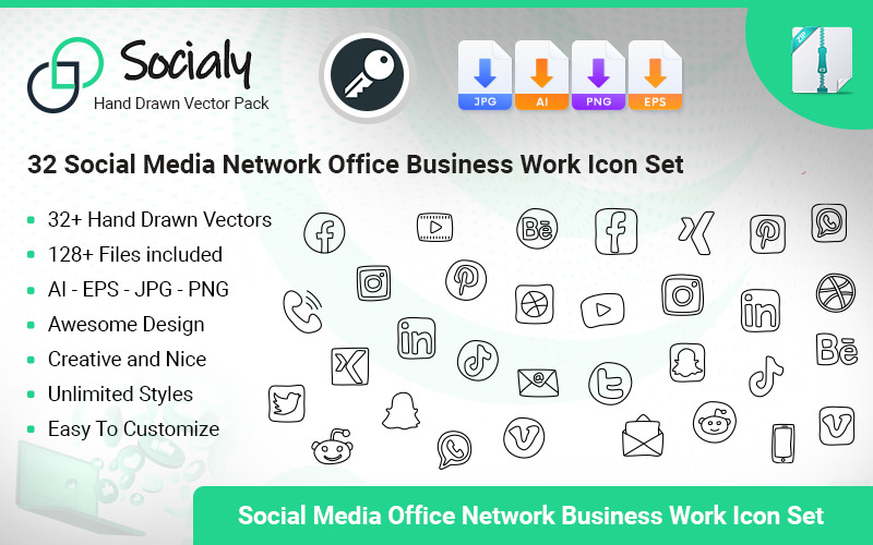 Socialy - Ensemble d'icônes d'entreprise de bureau de réseau de médias sociaux 32+