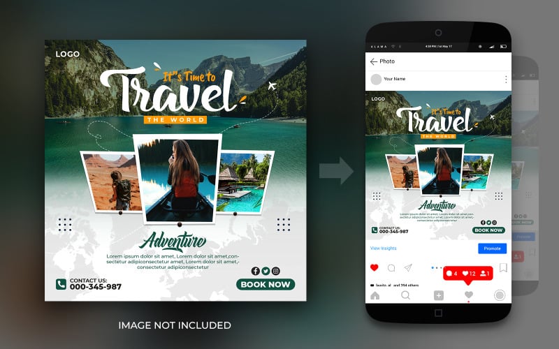旅游和旅游冒险社交媒体Instagram帖子或水平横幅或传单设计模板