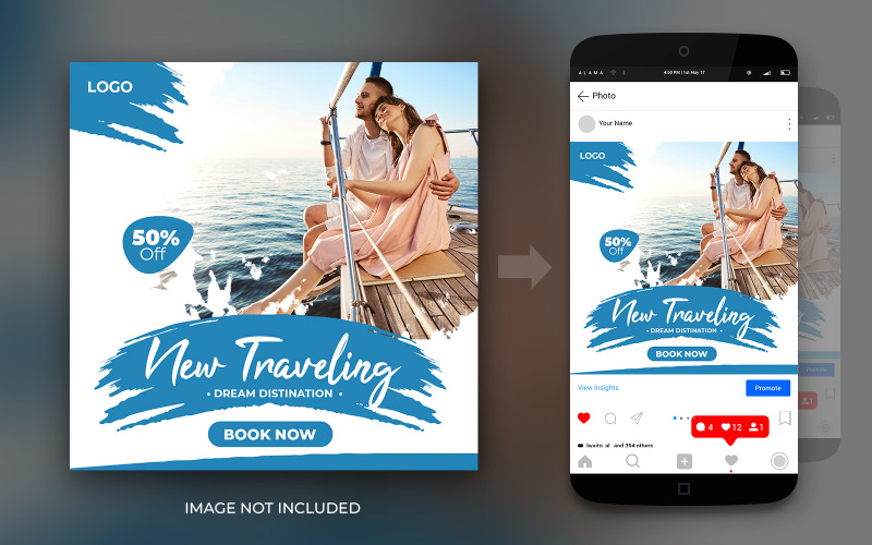 社交媒体旅游和梦想冒险Instagram或Facebook张贴横幅传单设计模板