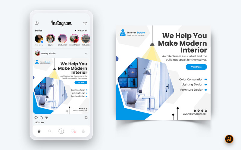 Дизайн интерьера и мебели в социальных сетях Instagram Post Design Template-19