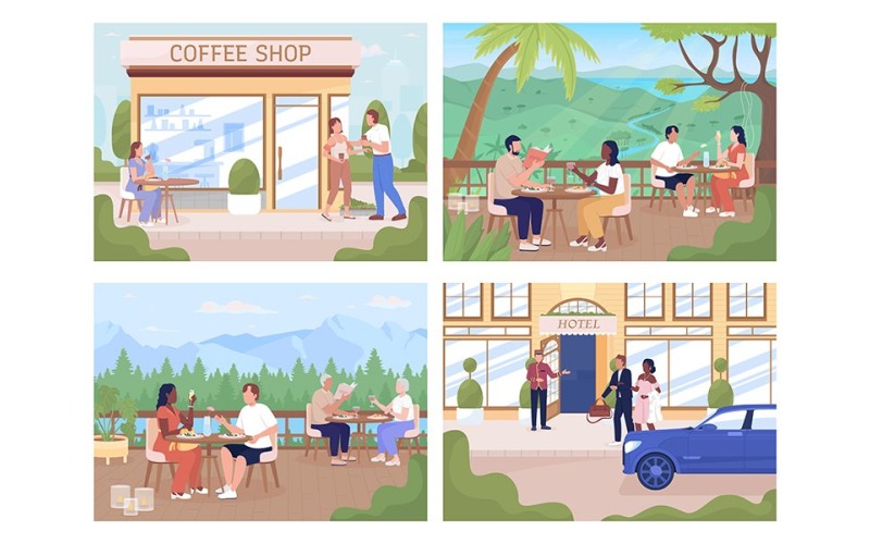 People spending time in public places illustrations set