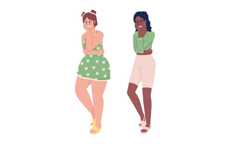 Young women hugging themselves color vector characters set