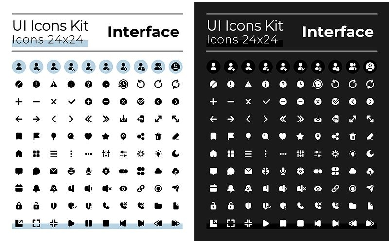 Iconos de interfaz de usuario de glifo de aspecto minimalista y simple configurados para modo oscuro y claro