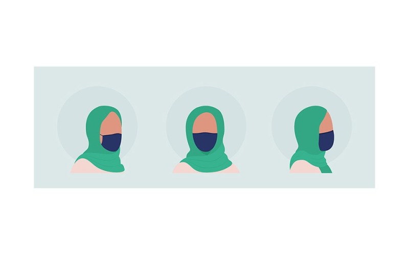 Hijab woman semi flat color vector character avatar with mask set