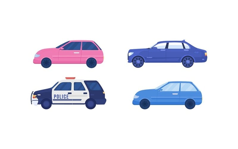 Különböző autók félig lapos színű vektoros objektumok