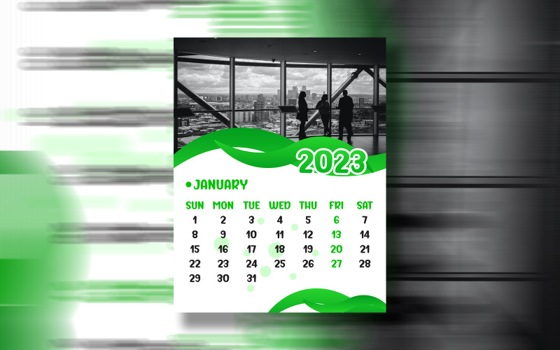 Calendario verde 2023 Listo para imprimir Diseño de plantilla vectorial Eps