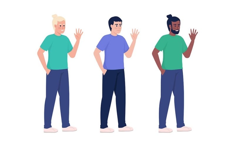 Smiling men waving hands semi flat color vector character set