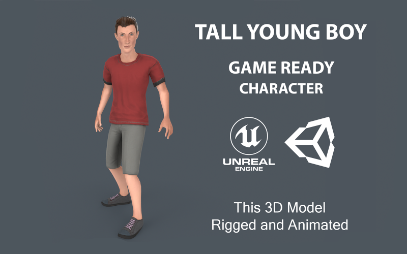 Magas, fiatal fiú karakter, alacsony polietilén 3D-s modell