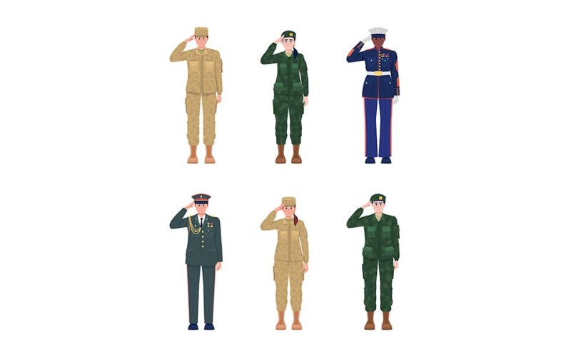 Officers in uniforms semi flat color vector characters set