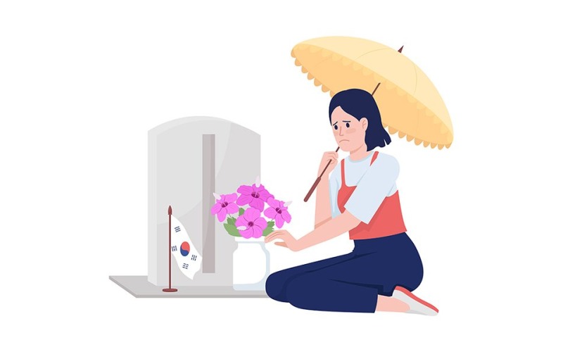 Sad woman on soldier grave semi flat color vector character