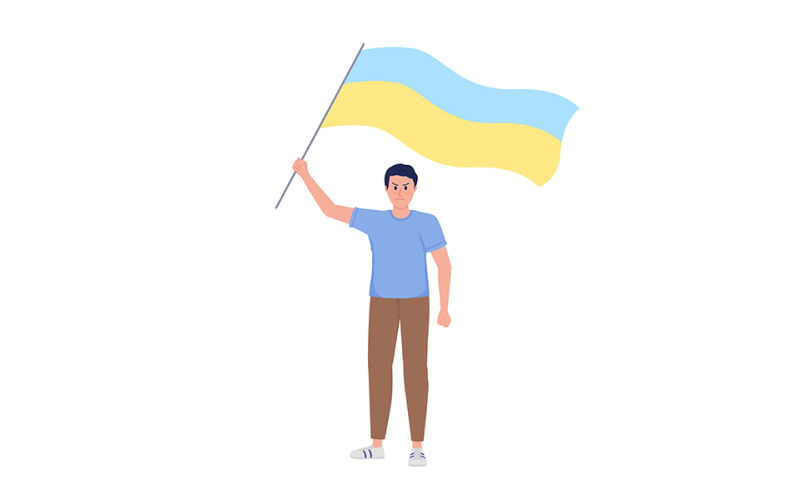 Człowiek posiadający ukraińską flagę pół płaski kolor wektor znak