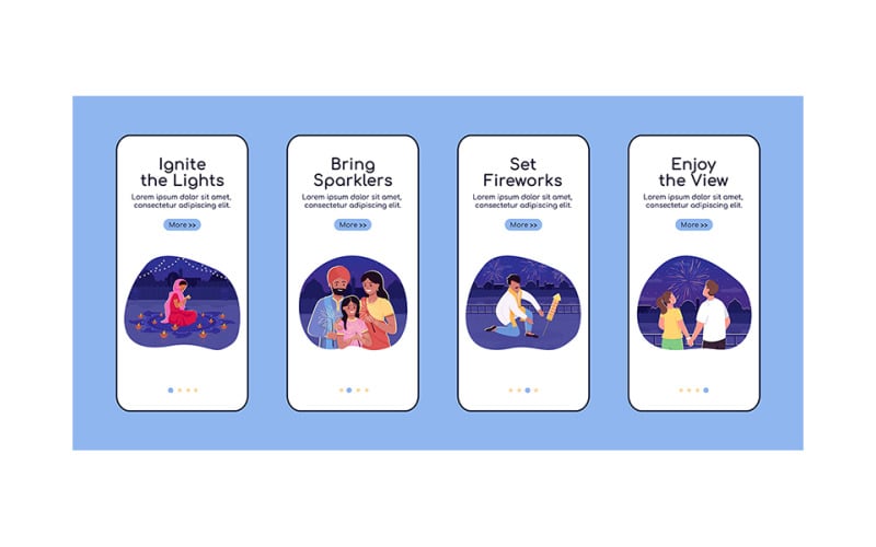 Diwali firande onboarding mobil app skärm platt vektor mall