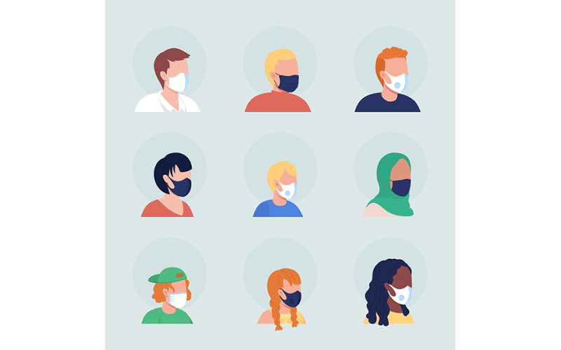 Хирургические маски полуплоские цветные векторные персонажи аватар набор
