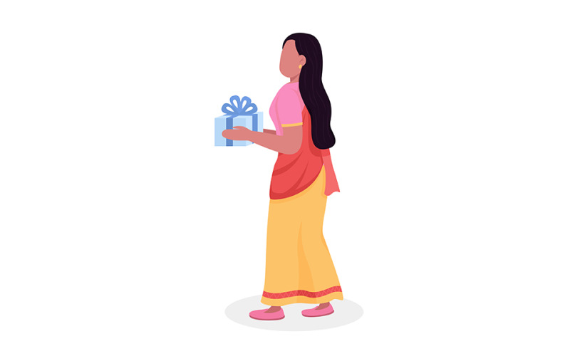 Woman in sari giving gift semi flat color vector character