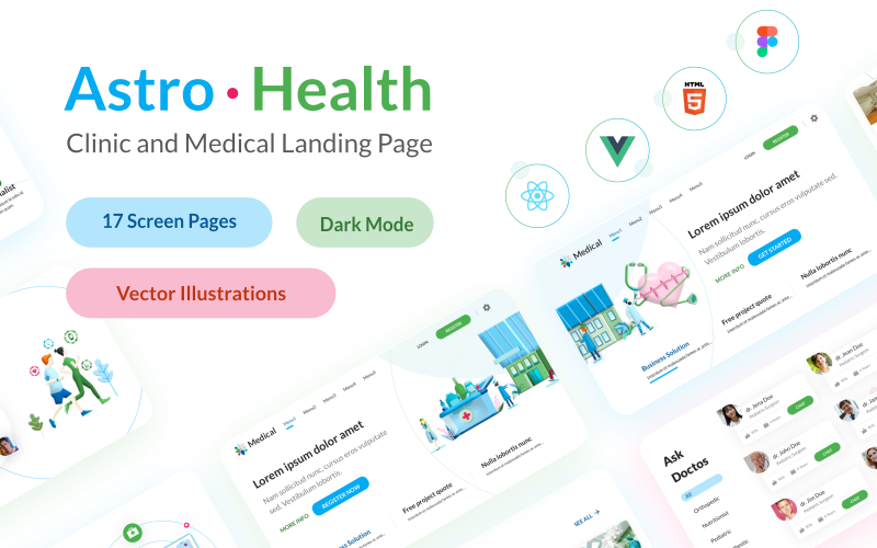 AstroHealth - HTML React Vue和Figma医疗保健登陆页面模板
